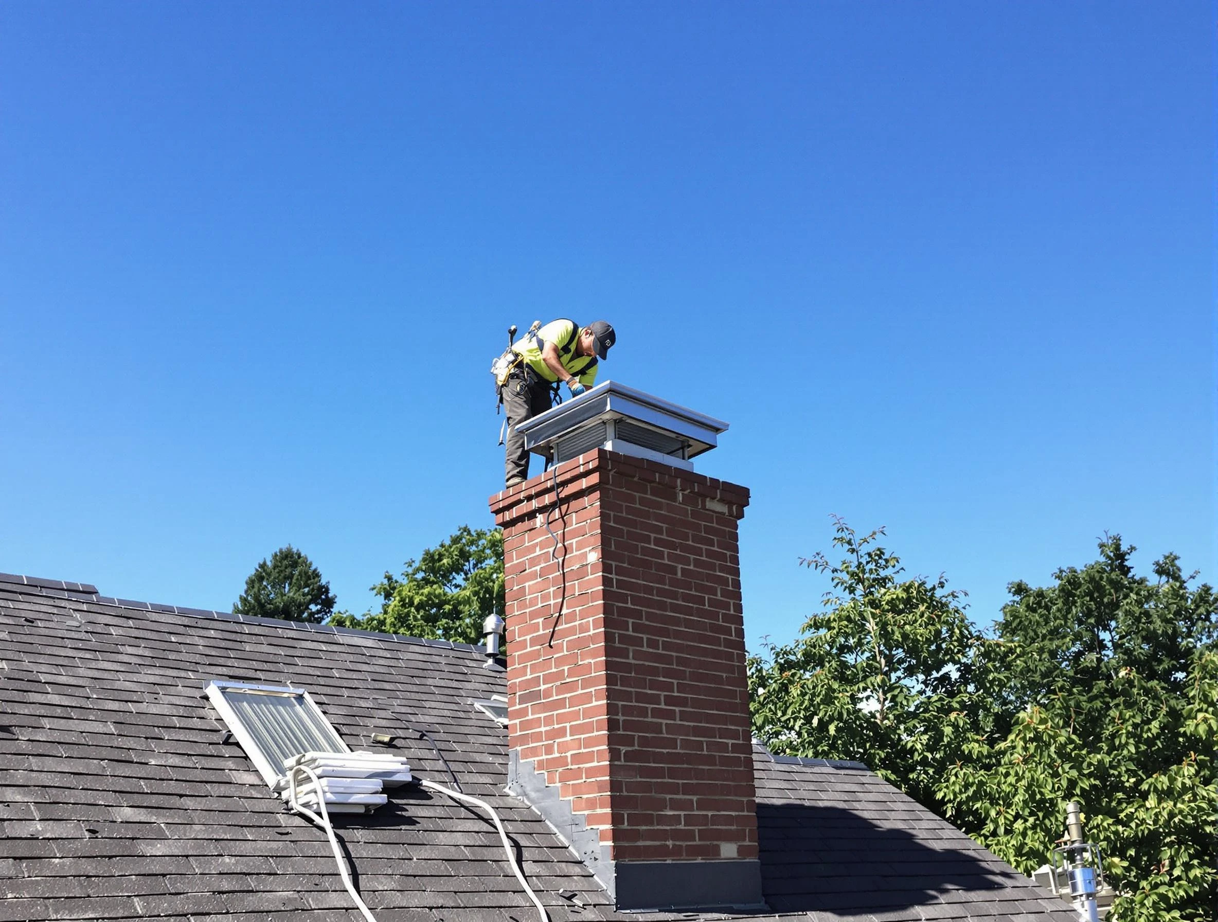 White Oak Chimney Sweep technician measuring a chimney cap in White Oak, PA